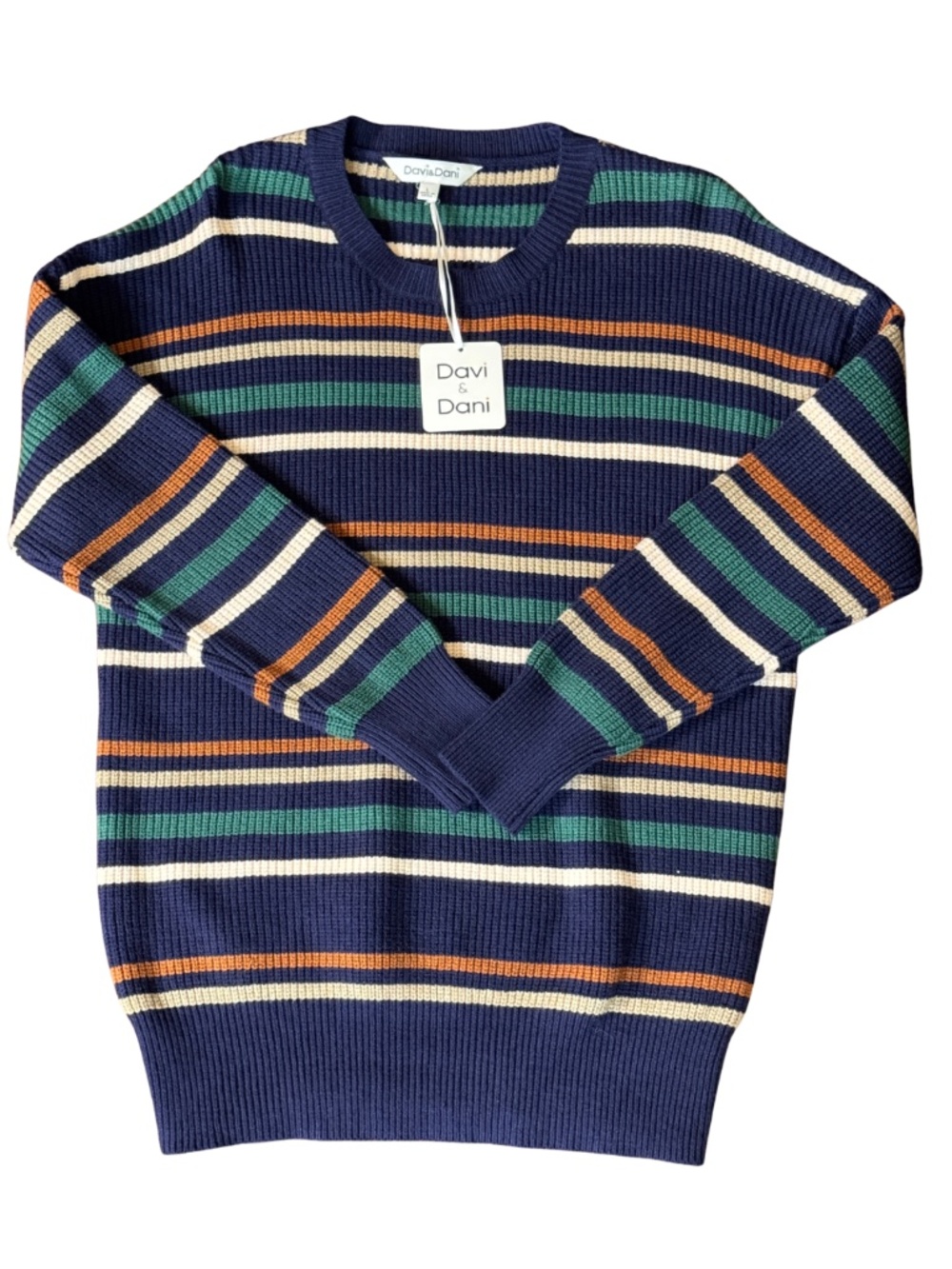 DAVI & DANI NAVY BLUE WITH MULTI COLORED STRIPE SWEATER SIZE LARGE - NWT